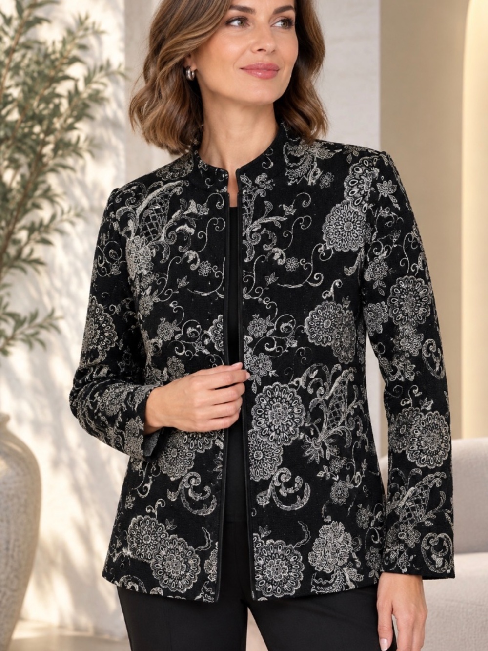 Alex Evenings New Women's Floral Embroidered Zip-Up Jacket Black Silver L NWT